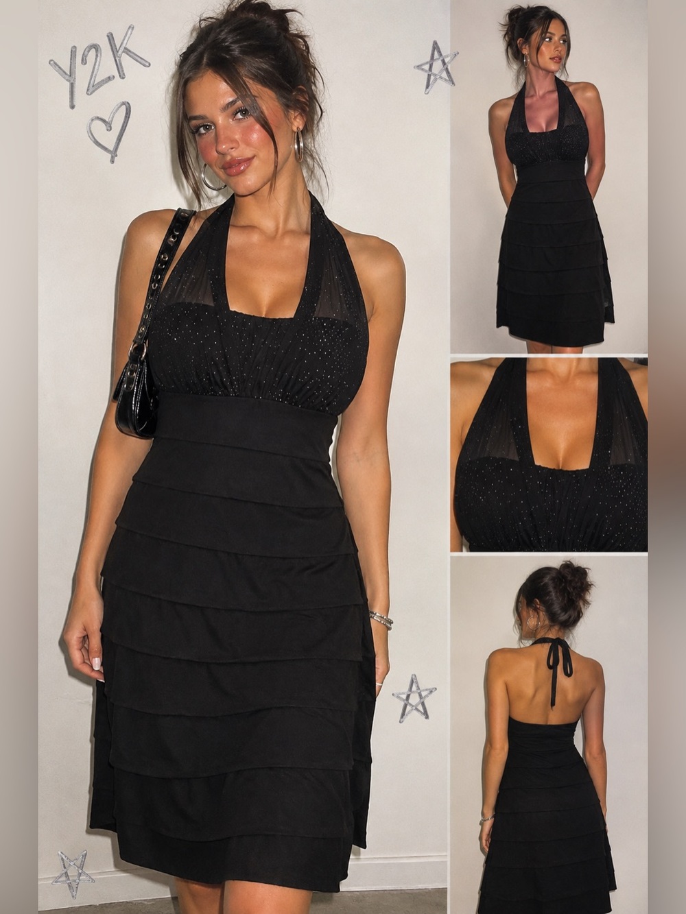 Vintage Y2K Sweet Storm Medium Black Mini Halter Dress Sequin Glitter Hoco
